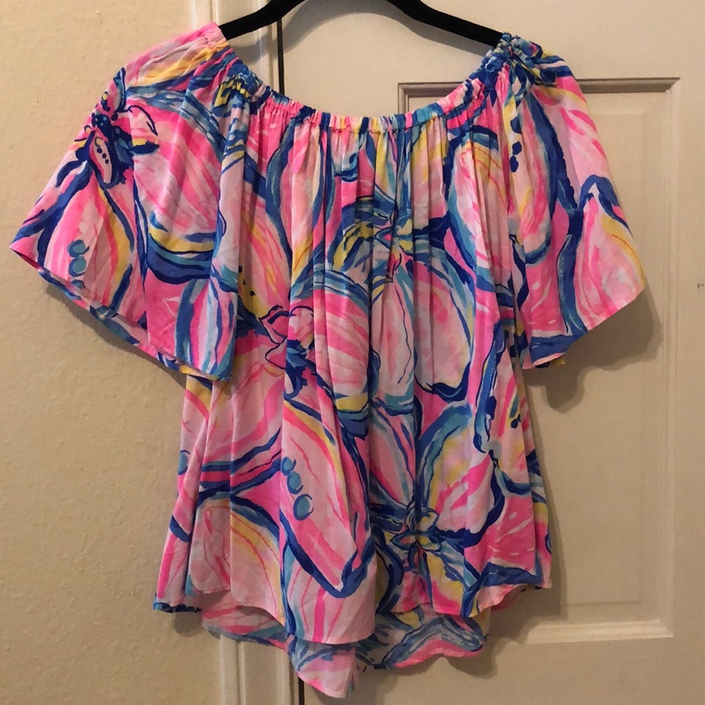 Lilly Pulitzer off the shoulder top in pink sunset